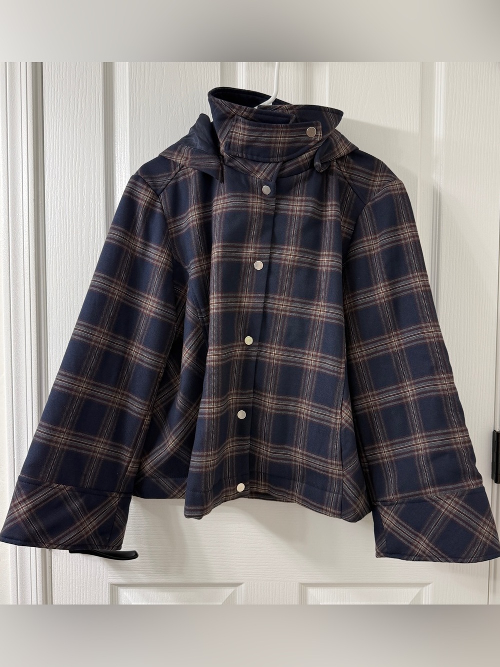 Zara Plaid High Neck Checked Hooded Jacket Size Large
